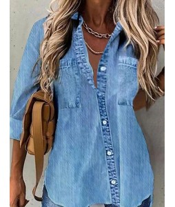 Casual Loose Solid Denim Blue Long Sleeve Blouse