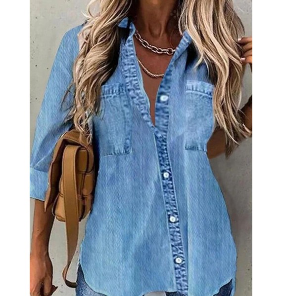 Casual Loose Solid Denim Blue Long Sleeve Blouse