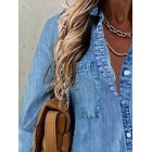 Casual Loose Solid Denim Blue Long Sleeve Blouse