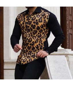 Men's Leopard Colorblock Print Shirt  Outdoor Casual Long Sleeve Shirt