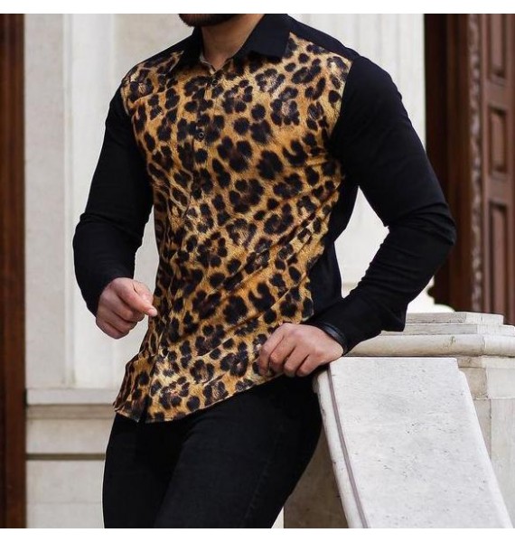 Men's Leopard Colorblock Print Shirt  Outdoor Casual Long Sleeve Shirt