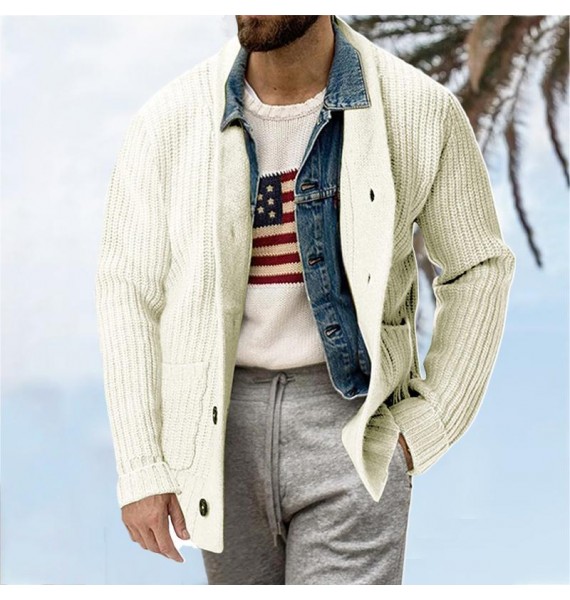 Men's Solid Color Loose Long Sleeve Knit Cardigan Sweater