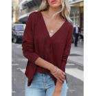 Fall/Winter Waffle Solid Color Single Breasted V-Neck Long Sleeve Shirt