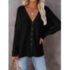 Fall/Winter Waffle Solid Color Single Breasted V-Neck Long Sleeve Shirt