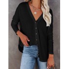 Fall/Winter Waffle Solid Color Single Breasted V-Neck Long Sleeve Shirt