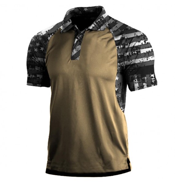 Men's American Fg Patchwork Print Polo Neck T-Shirt