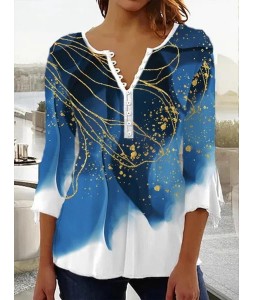 Casual Button Floral Print V Neck Long Sleeve Shirt