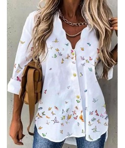 V-neck Butterfly Print Loose Casual Long-sleeved Blouse