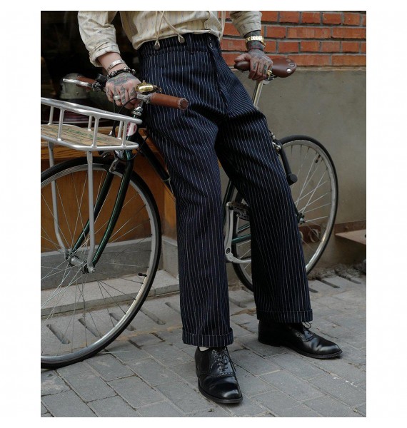 1930s pinstriped denim fishtail pinstripe trousers