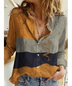 Loose Casual Color Block Printed Long Sleeve Blouse