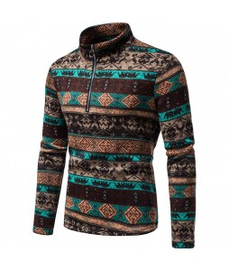 Men's Casual Stand Colr Zipper Ethnic Style Pullover Sweater