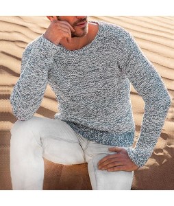 Men's Bohemian Grey Interwoven Color Line Crew Neck Sweater