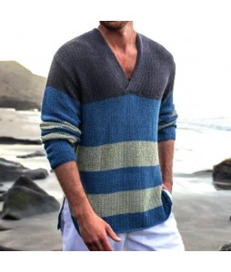 Men's Boho Contrast V-Neck Loose Casual Knit Sweater