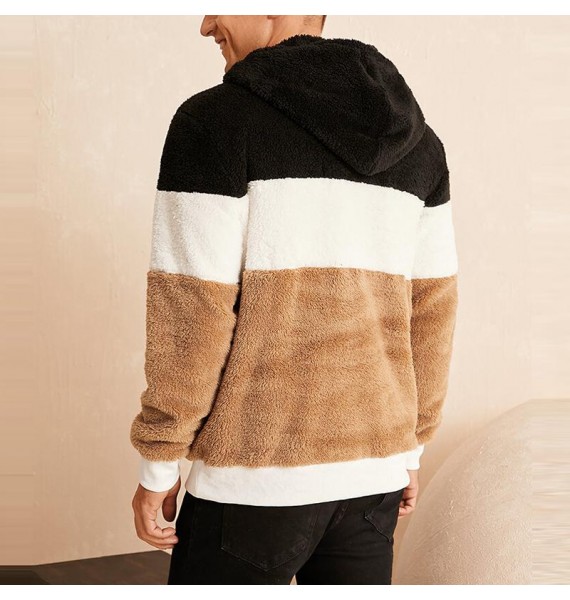 Mens Fleece Patchwork Casual Fluffy Hoodie