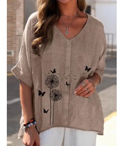 Print V Neck Short Sleeves Blouse