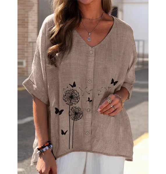 Print V Neck Short Sleeves Blouse