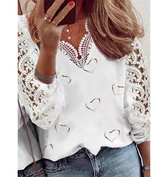 Casual Heart Print V Neck ce Long Sleeves shirt