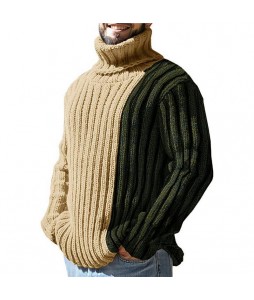 Men's Fashion Splicing Contrast Long Sleeve Turtleneck Sweater