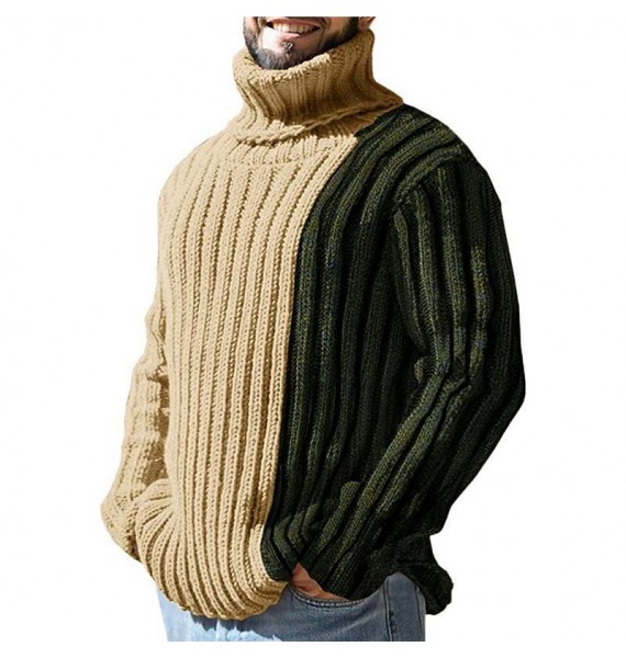 Men's Fashion Splicing Contrast Long Sleeve Turtleneck Sweater