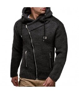 Men's Retro Fashion Diagonal Zipper Bck Long Sleeve Thickened Sweater Cardigan