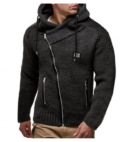 Men's Retro Fashion Diagonal Zipper Bck Long Sleeve Thickened Sweater Cardigan