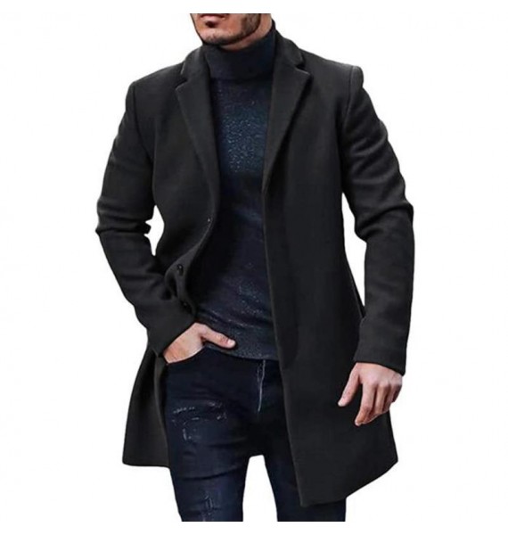 Men's Fashion Solid Color Basic Jacket Mid Wool Coat