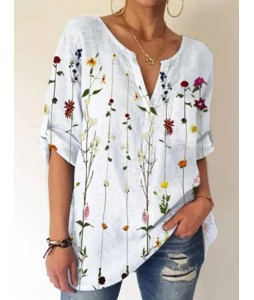 dies V-neck Floral Print Fashion Short-sleeved Blouse