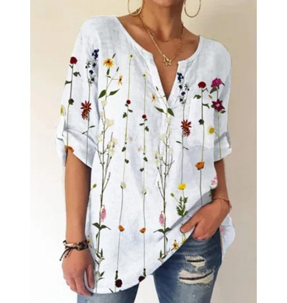 dies V-neck Floral Print Fashion Short-sleeved Blouse