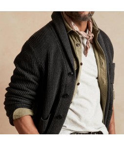 Men's Cssic  Gentleman British Dark Grey Wool Striped Cardigan