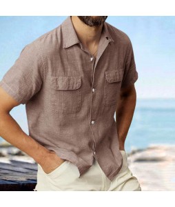 Linen Summer Button Cuban Camp Casual Pocket Short Sleeve Shirt