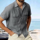 Linen Summer Button Cuban Camp Casual Pocket Short Sleeve Shirt