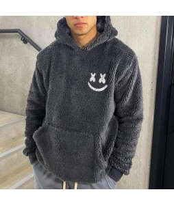 Smiley Embroidered Casual Hooded Plush Sweatshirt