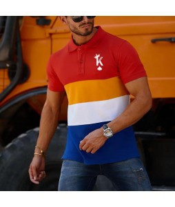 Men's Fashion King Print Colorblock Casual Slim Fit Polo Shirt