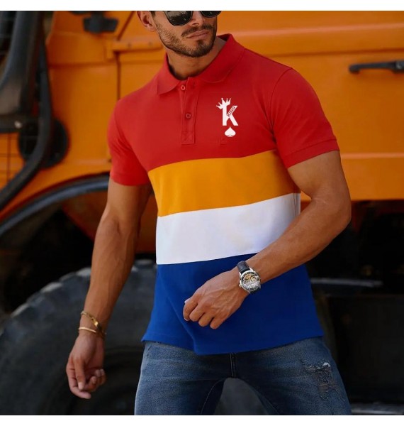 Men's Fashion King Print Colorblock Casual Slim Fit Polo Shirt