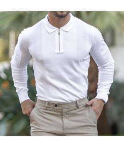 Cssic White And Gold Zip Knit Long Sleeve Polo Shirt