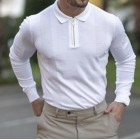 Cssic White And Gold Zip Knit Long Sleeve Polo Shirt