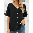 Solid Color Casual Loose V-Neck Short Sleeve Blouse