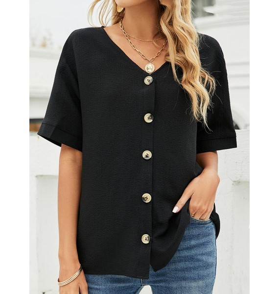 Solid Color Casual Loose V-Neck Short Sleeve Blouse