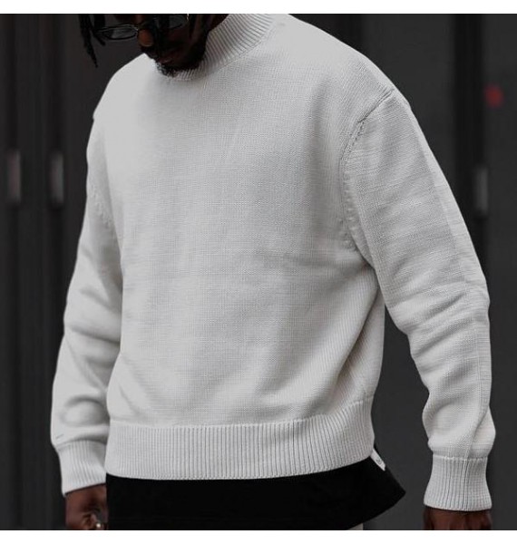 Men's White Retro Loose Casual Cssic Crewneck Sweater