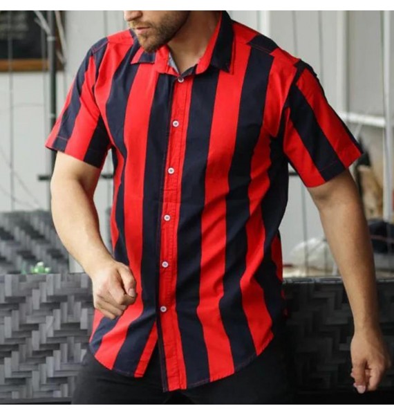 Bck And Red Striped Short-sleeved Casual Shirt