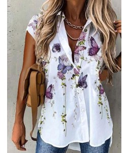 Casual Loose Butterfly Print Short Sleeve Blouse