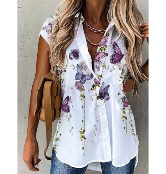 Casual Loose Butterfly Print Short Sleeve Blouse