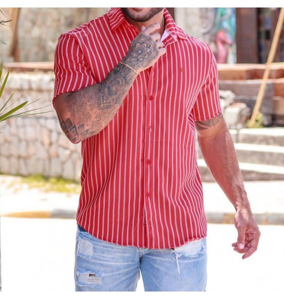 Men's Casual Fashion Striped Print Short Sleeve Shirt