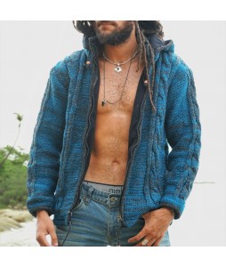 Men's Warm Hippie Teal Grey Double Knitted Cardigan