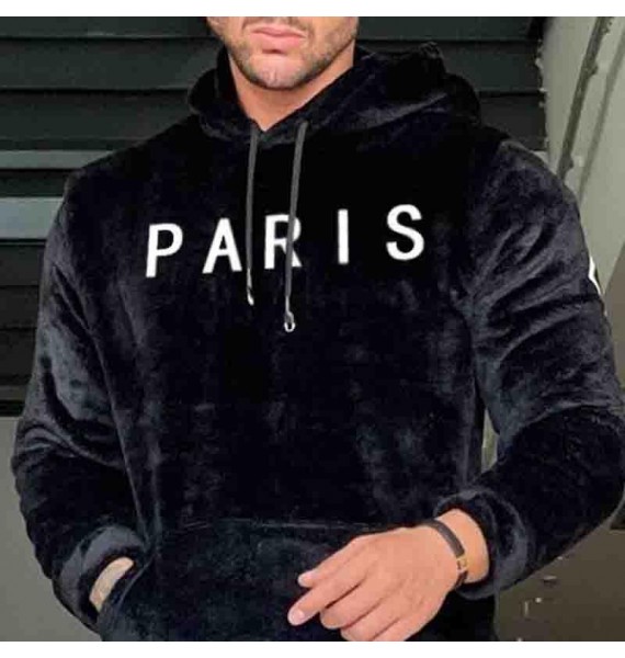 Men's Plush Warm Graphic Embroidery Drawstring Hooded Sweatshirt