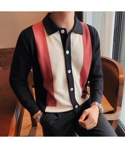 Style Contrast Striped Long-sleeved Knitted Cardigan Sweater