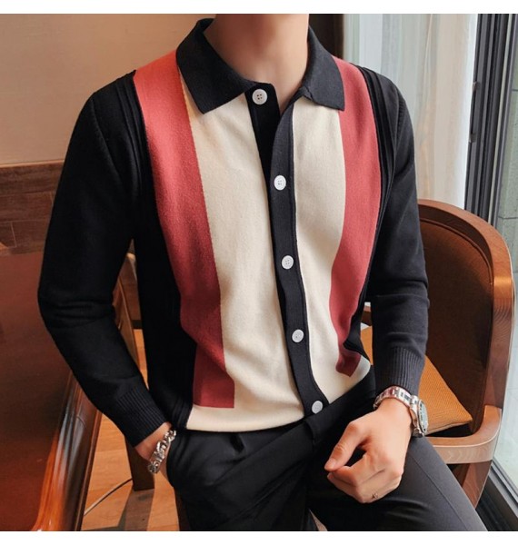 Style Contrast Striped Long-sleeved Knitted Cardigan Sweater