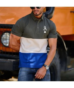 Men's Fashion Poker A Print Colorblock Casual Slim Polo Shirt