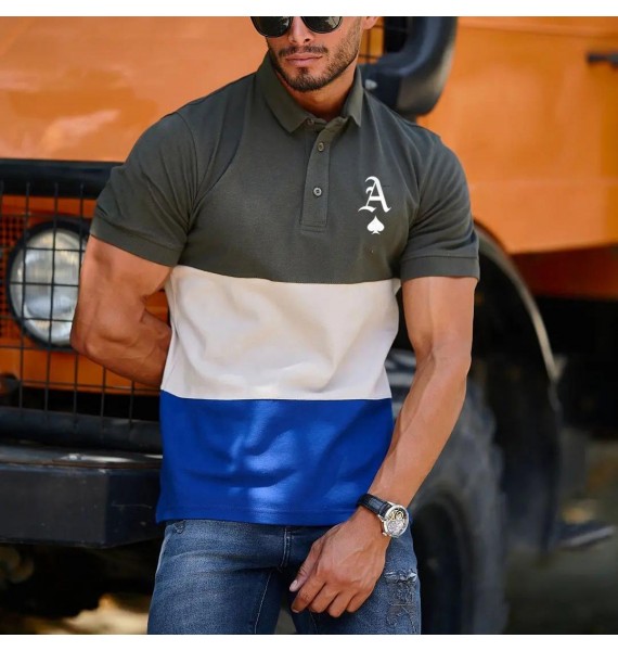 Men's Fashion Poker A Print Colorblock Casual Slim Polo Shirt