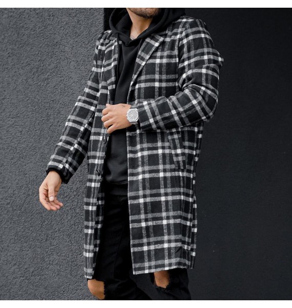 Street Trend Check Textured Single-Breasted Coat